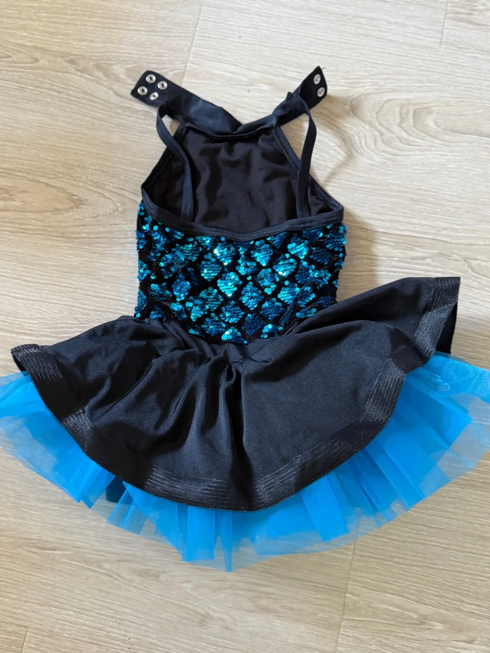 Weissman Black and Teal Sequin Dance Costume with Blue Tulle Skirt